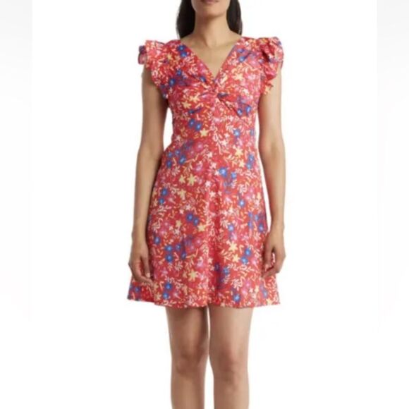 Eliza J Twist Bust Mini Dress Red Floral Ruffle Flowy Size 10 NWOT - Picture 1 of 9
